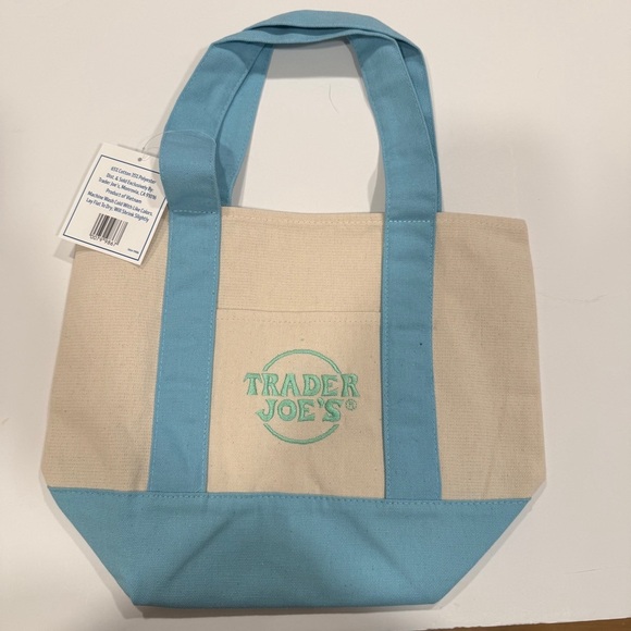 Trader Joe'S Handbags - Trader Joe’s Mini Pastel Canvas Tote-2026- Spring- Blue with Green embroidery